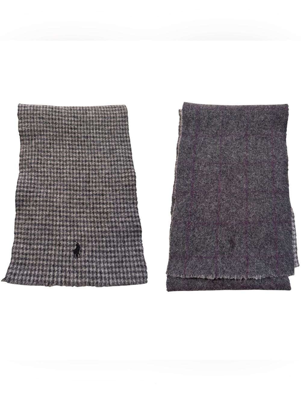 Polo Ralph Lauren Reversible Lambswool Scarf Gray Plaid Houndstooth Italy 9”x58”